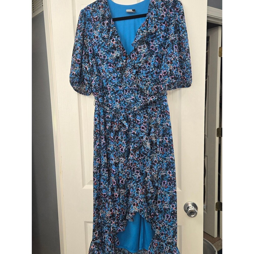 Maison Tara Blue Floral High-Low Wrap Dress Size Large